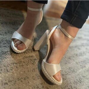 FYS White Platform Open Toe Sandals Ankle Strap Chunky High Heels Pearl Shoes